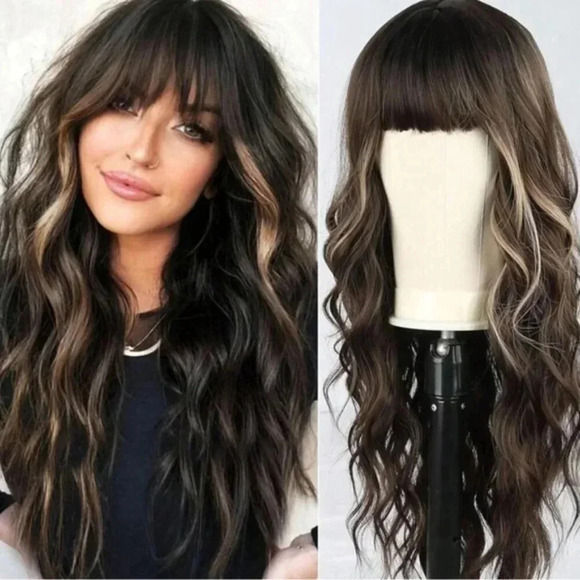 26 Inch Long Brown Wavy Wig with Light Blonde highlights - Picture 1 of 10
